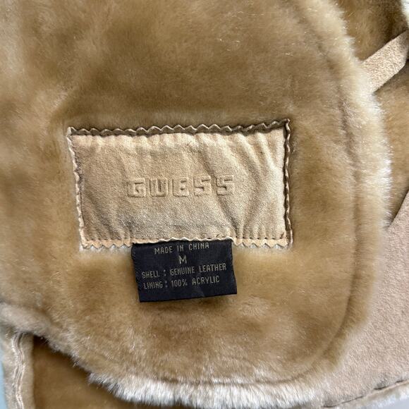 VTG Guess Womens Leather Coat Jacket Faux Fur Collar M Tan Y2K Indie Grunge 70s - Picture 5 of 16